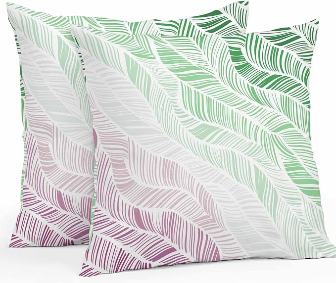 Vandarllin Outdoor Throw Pillows Covers 18x18 inch Set of 2 Waterproof Summer Beach Decorative Zippered Cushion Covers for Patio Furniture, Ombre Green Abstract Leaf Lines Lumbar Pillowcases