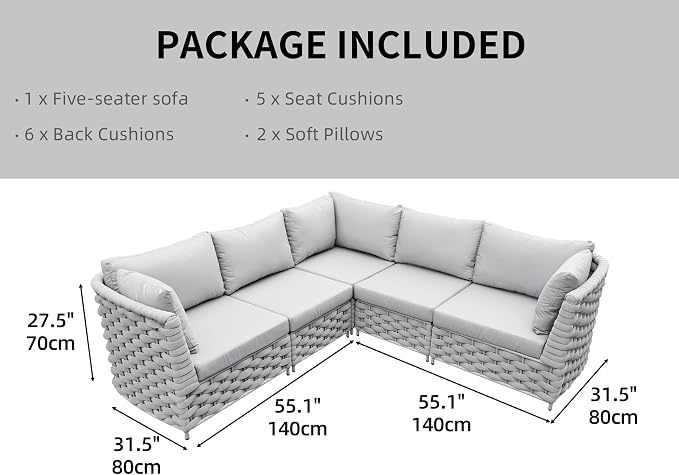 TWT 5-Piece Modular Outdoor Sectional Sofa Set, 5-Seater Woven Rope Patio Conversation Couch with Water-Resistant Cushions, for Backyard Balcony Deck, Khaki Gray
