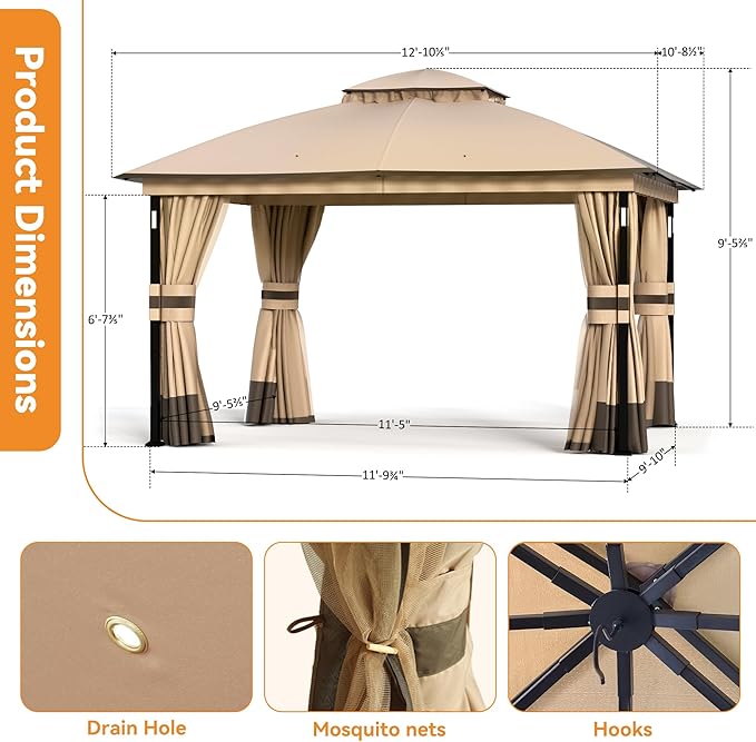 Covered Outdoor Patio Gazebo 11'x13' with LED Lights & Bluetooth Speaker, Heavy Duty Outdoor Canopy Shelter with Metal Frame, Double Roofs, Soft-top Gazebo with Netting and Curtains for Backyard