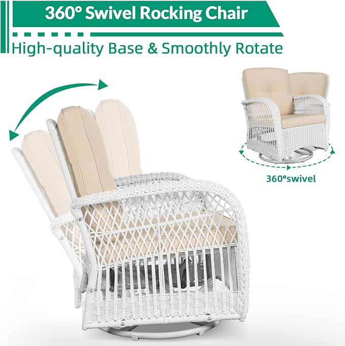 VIVIJASON 3-Piece Patio Conversation Bistro Set, Outdoor Swivel Glider Rocking Chairs Rattan Furniture Set w/ 2 Rattan Chairs, Glass Top Side Table for Porch Backyard, White - Beige