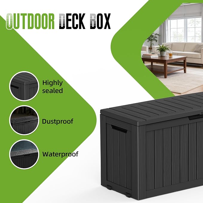 85 Gallon Outdoor Storage Deck Box Waterproof Resin Lockable Outside Bench Porch Patio Furniture Pool Float Garden Tool Cushion UV Resistant Bin Black