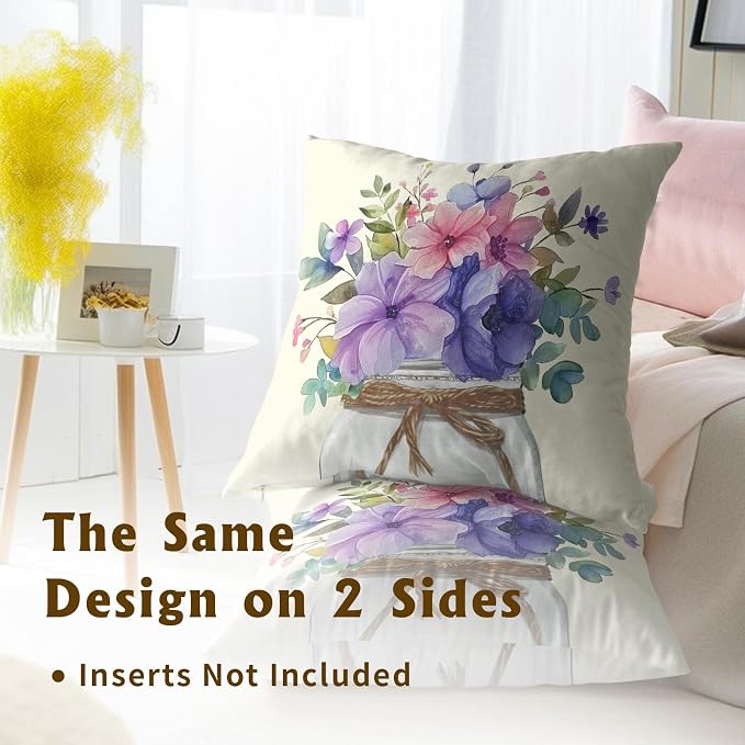 Summer Floral Throw Pillow Covers 18x18 Inch Set of 2 Purple Pink Wildflower Summer Flower Leaf Decorative Cushion Cases for Sofa Couch Bed Home Outdoor Decorations