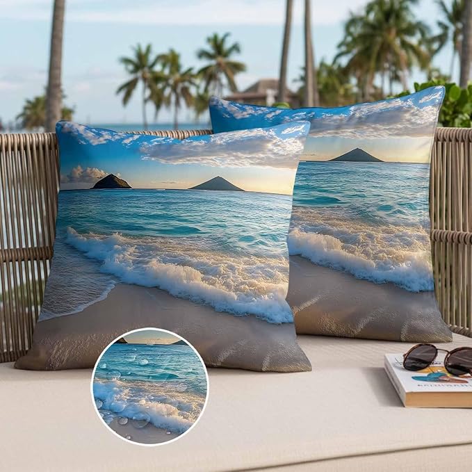 Ocean Waterproof Outdoor Pillow Covers Set of 2 Home Decor, Blue Sky Mountain Sandy Beach Sea Scenery Pillowcase Patio Pillow Covers for Couch Bench Furniture Garden 20x20in