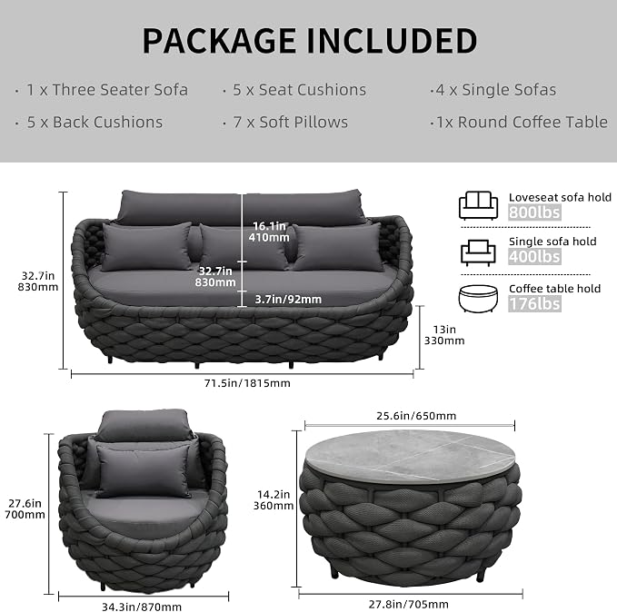 TWT 6-Piece Aluminum Patio Furniture Set, Modern Outdoor Conversation Set Sectional Sofa with Water Repellent Thick Cushions and Coffee Table for Balcony, Garden