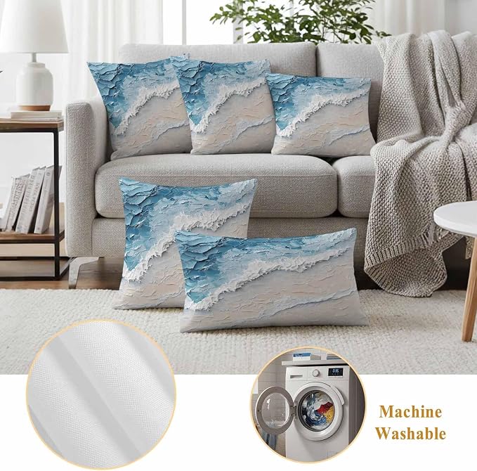 Outdoor Pillow Covers Set of 2, Abstract Ocean Scene Oil Painting Art Decorative Throw Pillow Covers 20X12IN, Natural Sea Wave Beach Throw Pillows Protector Cushion Case for Patio,Couch,Sofa,Garden
