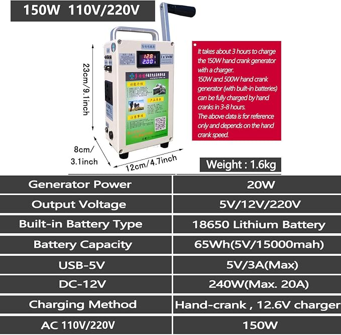 150W High Power Hand Crank Generator Portable Emergency Power AC110V /220V DC12V USB 5V Charger Generator for Outdoor Camping Survival Activities,150W-220V