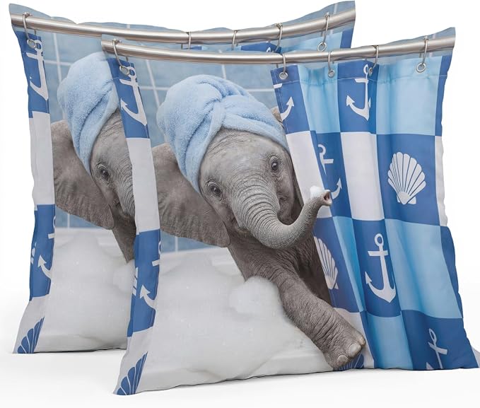 Bathing Elephant Waterproof Outdoor Pillow Covers Set of 2 Home Decor, Funny Animal Showering Pillowcase Patio Pillow Covers for Couch Bench Patio Furniture Garden 18x18in
