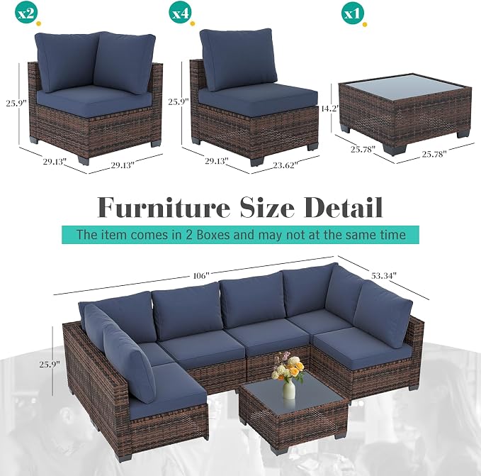 7 Pcs Patio Furniture Set, All-Weather Wicker Sofa Brown & Blue | Weather Resistant PE Rattan | Thick Cushions | Removable Easy Clean | 450 lbs | Ideal for Backyards, Poolside, Balcony
