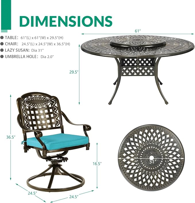 VIVIJASON 9-Piece Outdoor Furniture Dining Set, Rust-Free Cast Aluminum Patio Conversation Set, Include 8 Swivel Dining Chairs & 61" Round Dining Table with 31" Lazy Susan, Umbrella Hole, Ocean Blue