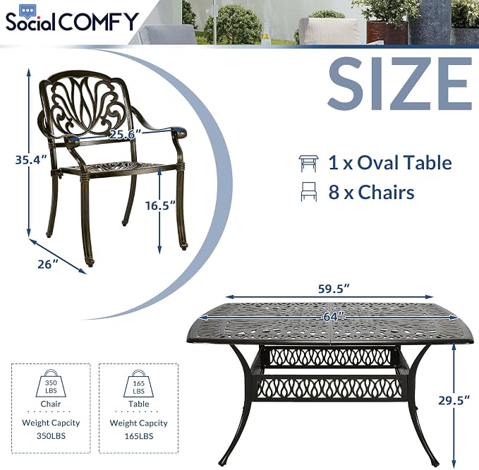 9-Piece Patio Cast Aluminum Dining Set, Outdoor Dining Furniture Set for 8 Person, Includes 64" Large Square Dining Table and 8 Chairs with Umbrella Hole for Patio Deck Garden