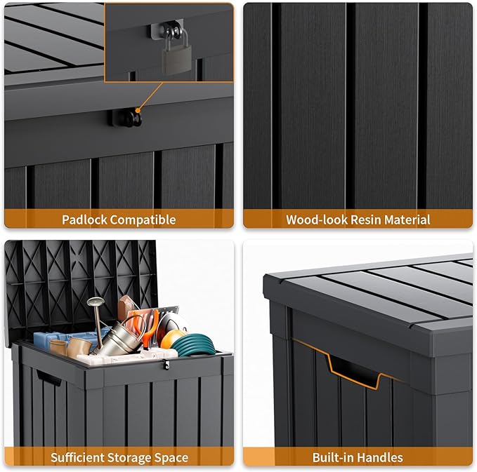 Vixzen 51 Gallon Deck Boxes Outdoor Waterproof, Lockable Resin Storage Box with lid for Furniture Cushions, Weatherproof Containers Outside Storage Boxes for Garden Patio Pool Tools(Black, 51 Gallon)