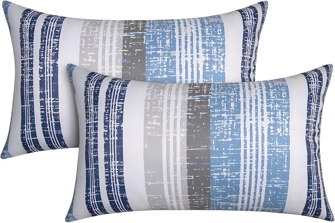 12x20 Waterproof Outdoor Pillows, Set of 2 Outdoor Lumbar Pillows | Patio Furniture Pillows, Decorative Throw Pillows, Waterproof & Fade Resistant, Removable & Washable, Stripe Blue White