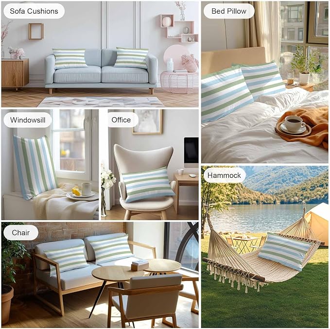 Sage Green Blue Striped Outdoor Pillow Covers 20x12 Inch Lumbar Pillow Covers Set of 2 Waterproof Decorative Throw Pillow Cases Farmhouse Sage Green Stripes Cushion Covers for Patio Furniture Garden