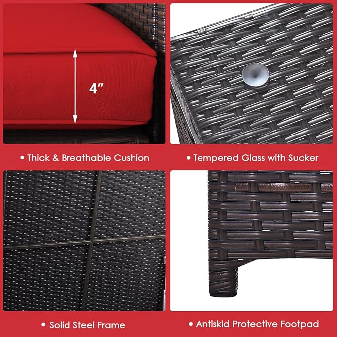 HAPPYGRILL 4 Pieces PE Rattan Wicker Conversation Set Outdoor Patio Furniture Sofa Set with Storage Box and Tempered Glass Coffee Table for Backyard Garden Porch