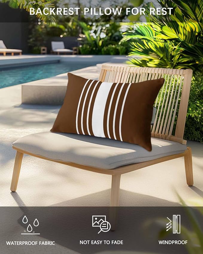 Chaise Lounge Chair Pillow with Strap & Insert Brown Vertical Stripes Outdoor Recliner Head Pillow Pack of 2 Classic Striped Waterproof Headrest Patio Lumbar Pillow for Beach Pool Office Chair 11x16