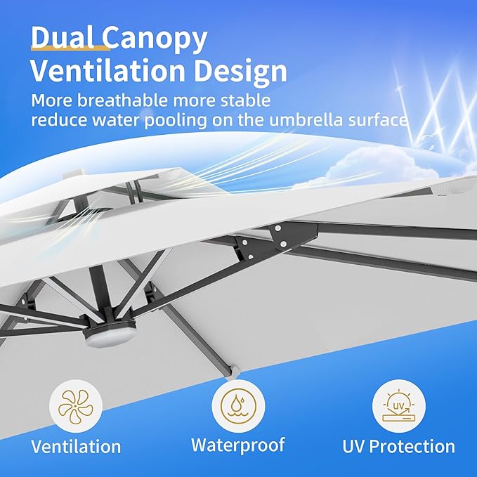 10 X 13 FT Cantilever Patio Umbrella with Led Lights Outdoor Rectangle Offset Large Double Top Heavy Duty Umbrellas with 360°Rotation for Pool Deck Backyard Garden, Fog Gray