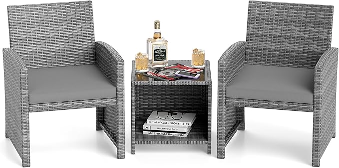 Tangkula 3 Pieces Patio Furniture Set, PE Rattan Outdoor Chairs with Tempered Glass Coffee Table & Soft Seat Cushions, Patio Bistro Set, Outdoor Conversation Set for Porch, Backyard Poolside (Grey)