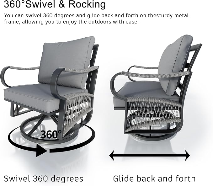 10 Pieces Patio Conversation Sets, All Weather Metal Outdoor Furniture Set 3-Seater 2 Single Chairs 4 Swivel Rockers with 2 Side Tables and Fire Pit Table for Backyard Garden Deck Poolside, Gray