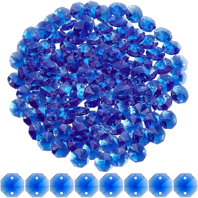 120Pcs 14mm Octagonal Crystal Beads Suncatcher Glass Beads with 2 Hole Dodger Blue Chandelier Replacement Connector Faceted Prism Spacers for DIY Lamp Hanging Ornament Pendant Jewelry Decor