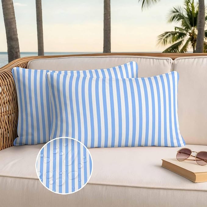 Lumbar Pillow Covers 20x12 Inch Set of 2, Blue White Stripe Waterproof Outdoor Cushion Covers, Modern Minimalist Geometric Striped Decorative Pillowcases for Couch, Sofa, Bed, Garden, Patio