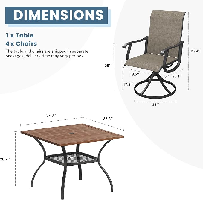 DIFY Patio Table and Chairs Set for 4, 5 Piece Outdoor Dining Set, 37.8" Walnut Square Metal Dining Table with Umbrella Hole and 4 Brown Textilene Swivel Patio Chairs, for Garden Backyard Deck