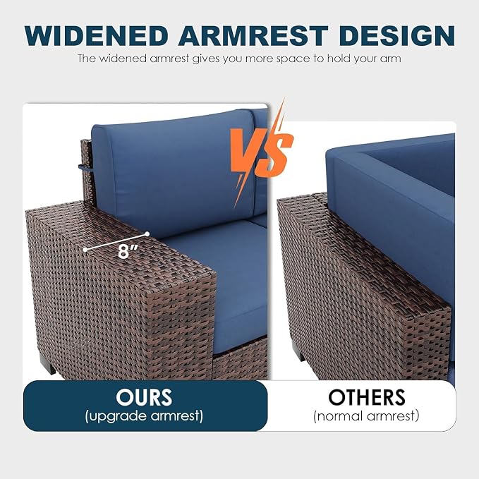 13 Piece Patio Furniture Set with Fire Pit Table, Wide Armrest Outdoor Sectional Sofa Brown Wicker Rattan Conversation Sets, 4'' Thickened Cushion Navy Blue