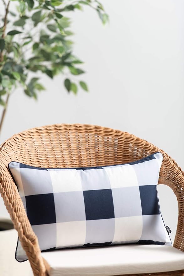 Hofdeco Coastal Patio Indoor Outdoor Lumbar Pillow Cover ONLY for Backyard, Couch, Sofa, Navy Blue Buffalo Check, 12"x20"