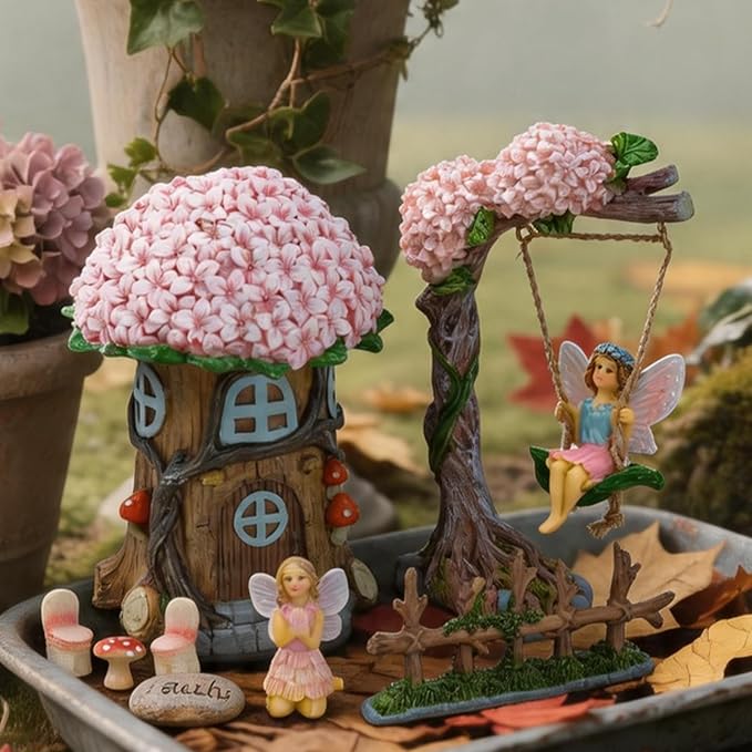 Miniature 8 Pcs Mini Garden Furniture, Fairy Garden Accessories Kit, Resin Figurines with Swing Set, Whimsical Theme, for Outdoor Patio, Yard, Lawn, or Desk