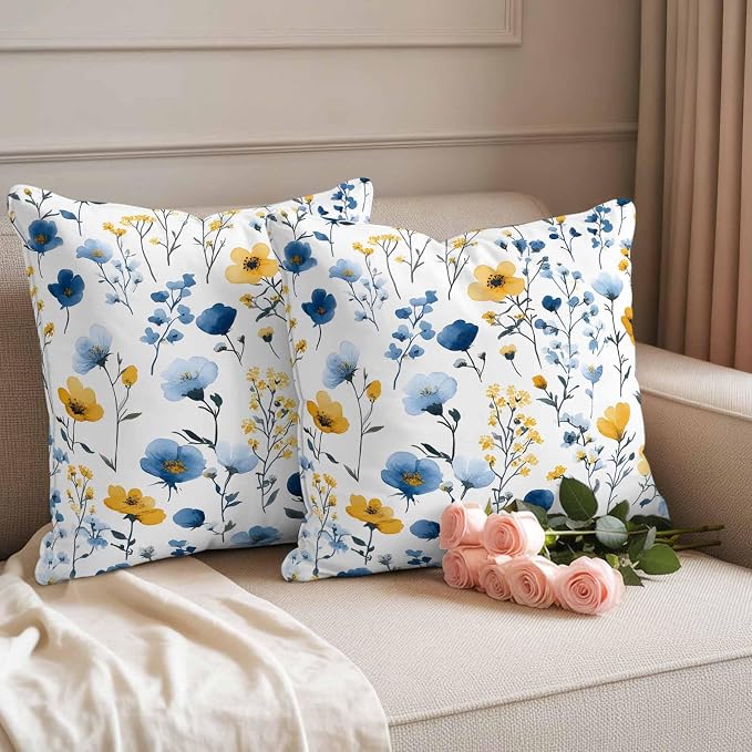 Watercolor Blue Outdoor Waterproof Throw Pillow Covers Set of 2, 26"x26", and Yellow Flower Leaves Spring Plant Decorative Pillow Covers Outside Cushion Case for Patio Porch Garden