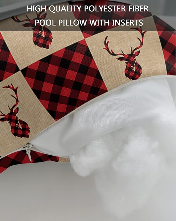 Outdoor Pillows Covers with Inserts Winter Christmas Elk Red and Black Plaid Vintage Waterproof Pillow with Adjustable Strap Throw Pillows for Patio Furniture Recliner Lounge Chair, 11x16 inch, 1PCS