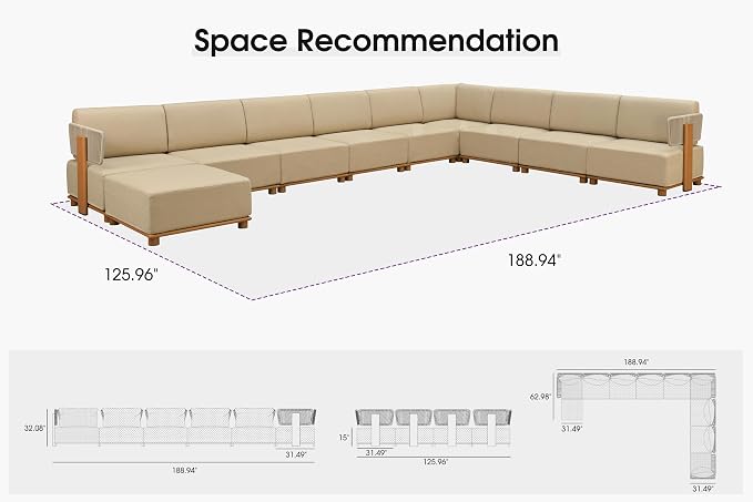 PURPLE LEAF Patio Furniture Set Modular U-Shaped Outdoor Sectional Sofa with 11" Thick Olefin Cushion 10-Piece Outdoor Conversation Set w/Ottoman & White Lights for Backyard Garden Poolside, Beige