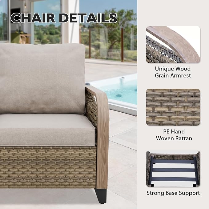 EAGLE PEAK Modern Wicker Outdoor Patio Furniture Set, Patio Conversation Set, 2 Chairs, 3-Seat Loveseat and Coffee Table, 4 Pieces, Brown/Gray