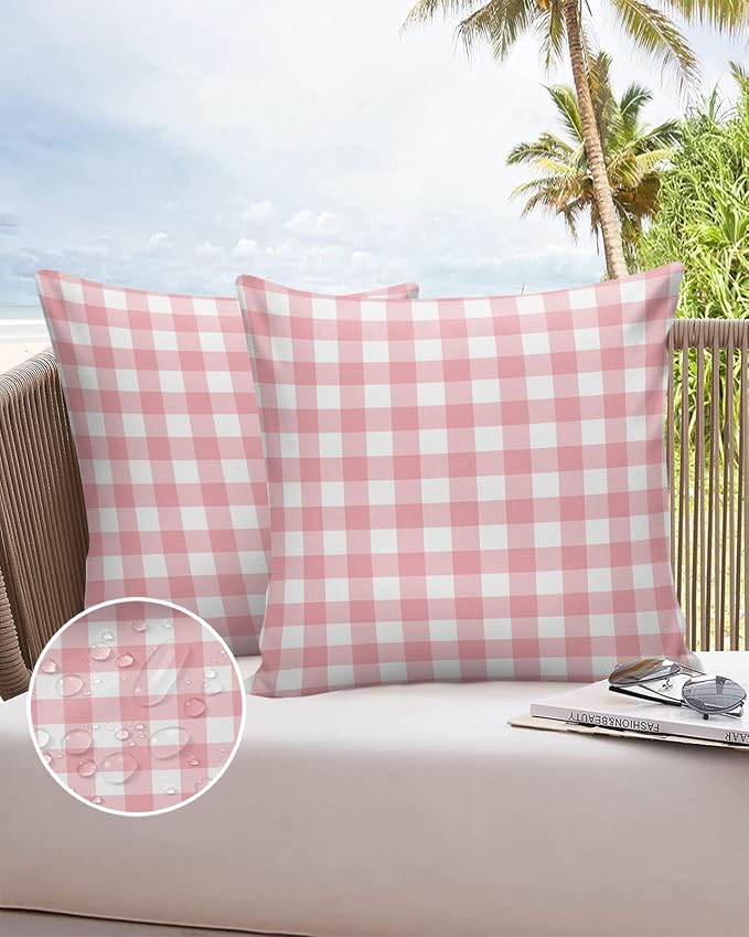 Outdoor Waterproof Throw Pillow Covers Set of 2 Romantic Love Pillowcases 24x24 Inches Pink Buffalo Check Plaid Patio Decorative Pillows Cushion Case Patio Pillows for Couch Bed Chair Garden