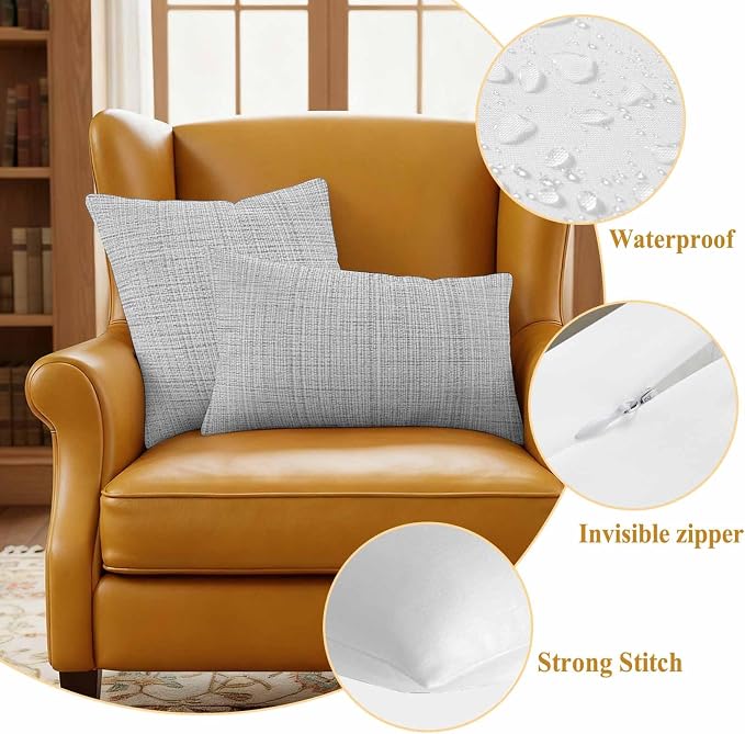 Outdoor Waterproof Throw Pillow Covers Set of 2 Grey Linen Texture Lumbar Pillowcases 20x12 Inches Solid Color Decorative Pillows Cushion Case Patio Pillows for Couch Bed Chair Garden