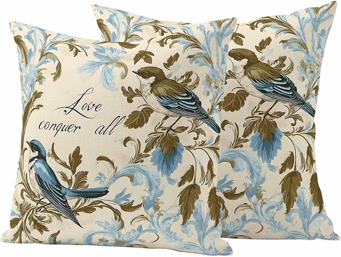 Vintage Bird Flower Outdoor Waterproof Throw Pillow Covers Set of 2, 24"x24", Watercolor Green Blue Floral Decorative Pillow Covers Outside Cushion Case for Patio Porch Garden