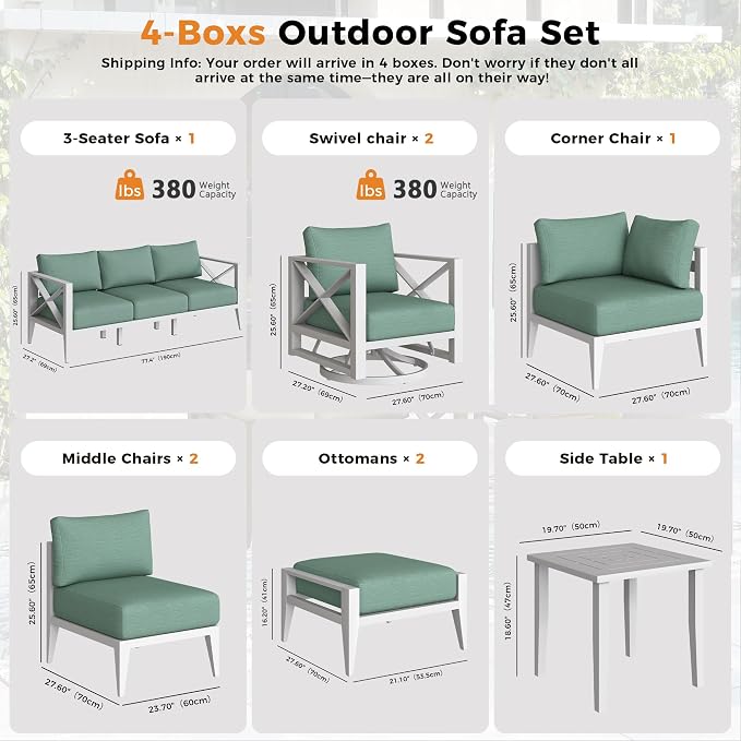 Aluminum Outdoor Patio Furniture Set with Swivel Chairs, 11-Piece Outdoor Sectional with 5.2" Thick Cushions, Patio Conversation Sets with Ottomans for Backyard,(White,8 Seats)