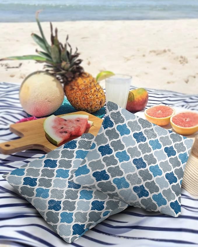 Morocco Outdoor Pillow Shams Set of 2, Decorative Pillowcases Cushion Case, Soft Throw Pillow Covers Waterproof Pillow Case 26x26 Inch, Blue Grey Geometry Retro