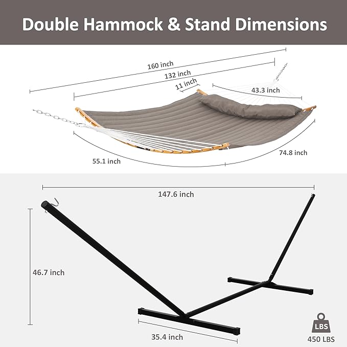SUNCREAT Hammocks Portable Hammock with 12 Ft Stand, Double Hammock with Spreader Bar, Heavy Duty Hammock Storage Bag