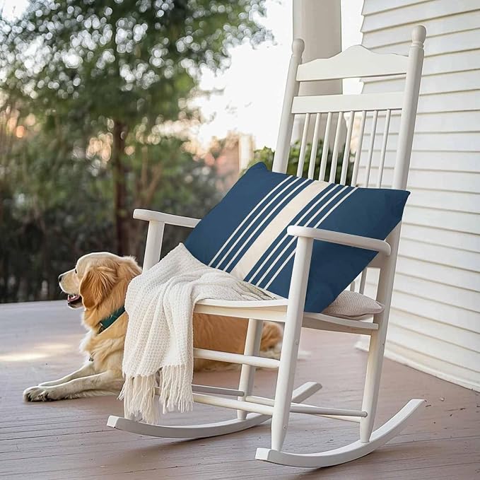 Vandarllin Outdoor Throw Pillows Covers 20x12 inch Set of 2 Waterproof Navy Blue Vertical Stripes Decorative Zippered Cushion Covers for Patio Furniture, Classic Striped Linen Lumbar Pillowcases