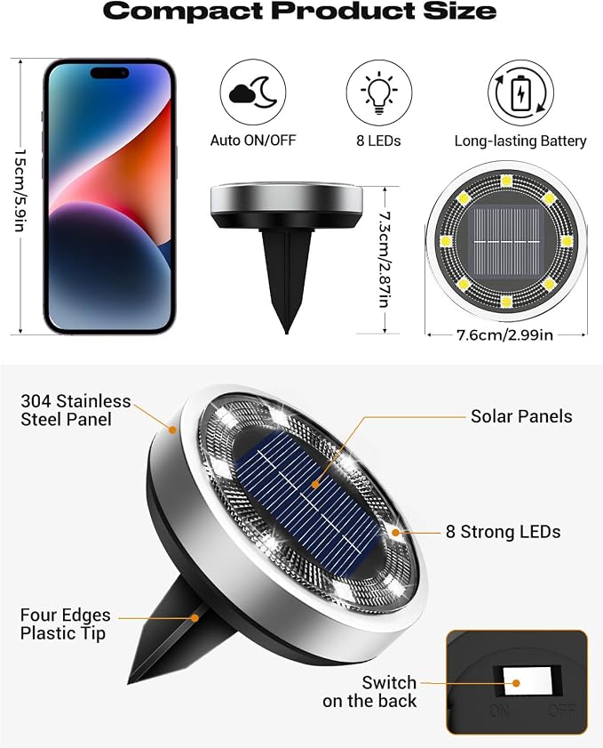 btfarm 30 Pack Solar Lights Outdoor, 8 LED Solar Ground Lights IP65 Waterproof Flat Solar Disc Light, Pathway Lights for Garden Lawn Patio Yard Path Landscape, Cool White