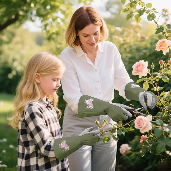 Rose Pruning Gloves with Forearm Protection, Thorn Resistant | Embroidery Design with Extra Long Cuff for Gardening and Pruning Tasks