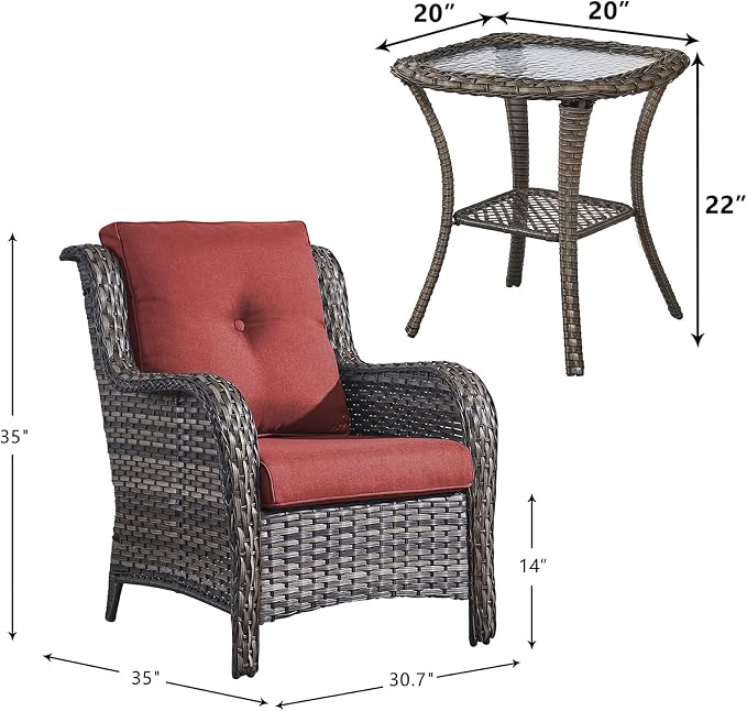 Rilyson Patio Bistro Set Outdoor Chairs - 3 Piece Wicker Rattan Patio Furniture Set with 2 Armrest Chair and 1 Side Table for Proch Deck Garden Backyard Balcony(Mixed Grey/Red)
