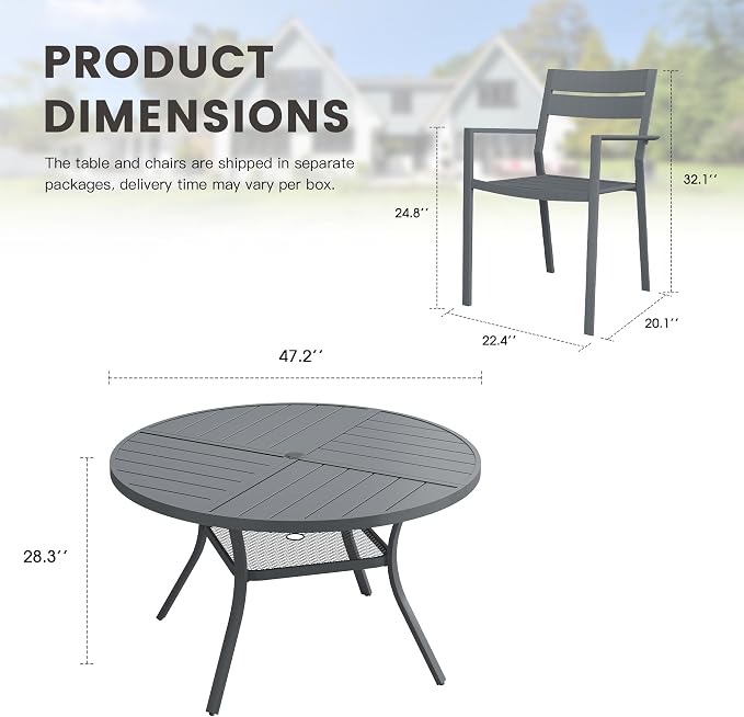 Patio Dining Set for 6, Round 47.3" Patio Dining Table and Stackable Outdoor Dining Chairs Outdoor Furniture for Backyard Porch Deck, Spliced Dark Grey Table and Grey Chairs