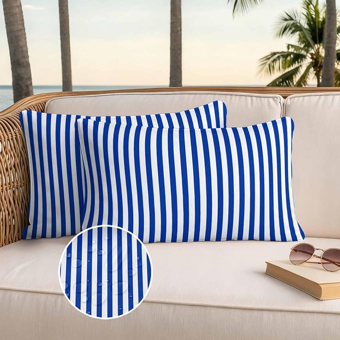 Lumbar Pillow Covers 20x12 Inch Set of 2, Navy Blue Stripe Waterproof Outdoor Cushion Covers, Modern White Vertical Striped Geometric Decorative Pillowcases for Couch, Sofa, Bed, Garden, Patio