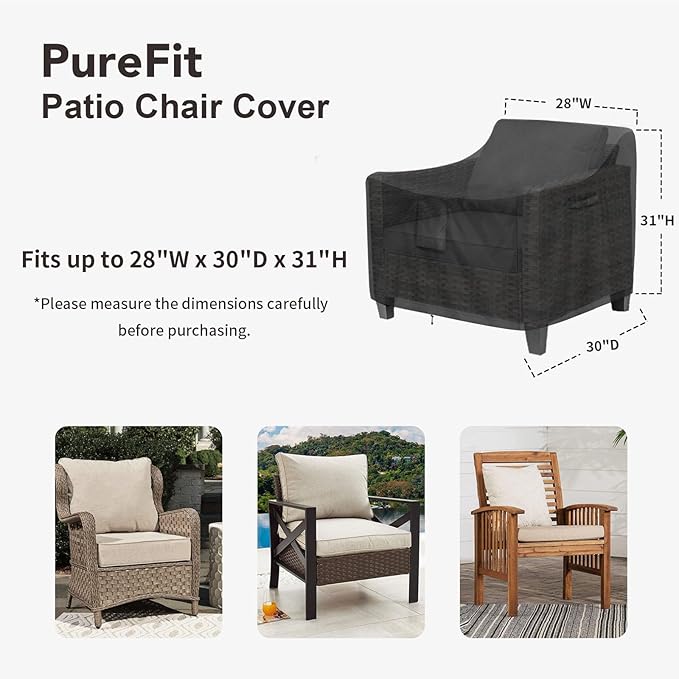 PureFit Outdoor Chair Covers Waterproof Patio Furniture Lawn Chair Covers for Outdoor Furniture with Air Vent and Padded Handles, Fits up to 28W x 30D x 31H Inches, Black