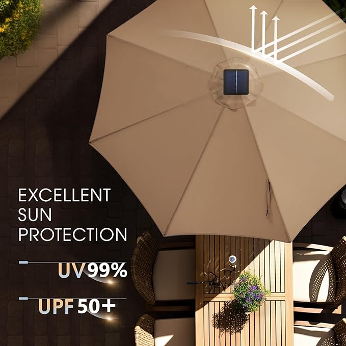 wikiwiki 9FT Solar Led Patio Umbrella with Base Included, 32 LED Lights, 8 Sturdy Ribs, Fade Resistant Waterproof POLYESTER DTY Canopy for Garden, Lawn, Deck, Backyard & Pool, Tan