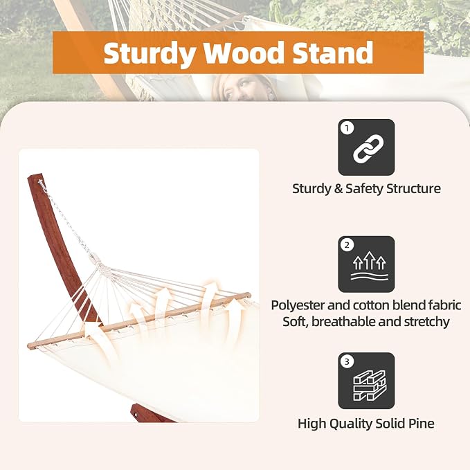 ECOTOUGE 13 FT Wooden Hammock with Stand, Outdoor Double Hammock with Wood Stand 2 Person Heavy Duty Hammock and Stand for Outside Backyard, Balcony, Porch, Patio, Garden, 550 lbs Capacity, White