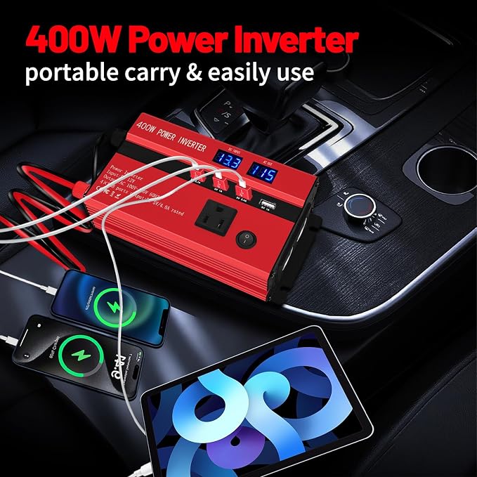 400W Power Inverters for Vehicles, Car Power Inverters DC 12V to 110V AC Car Plug Adapter Outlet with 2 Type-C (Equip with 2 USB), Fast Charger for Phone, Laptop (Red, 400W)