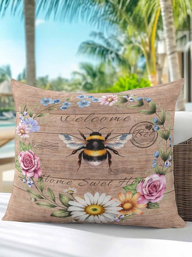 Outdoor Waterproof Throw Pillows Farmhouse Bee Flower Wreath Patio Pillows,Decorative Pillow Covers with Insert,Pillow Cushion Case for Garden Couch Sofa Farm Retro Wood Board