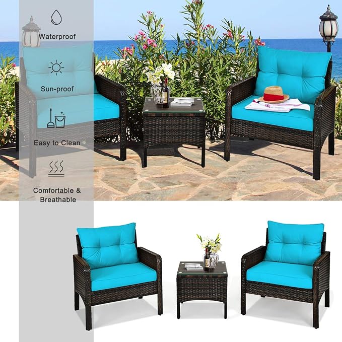 DORTALA Small Patio Furniture Set 3 Piece, Wicker Outdoor Table and Chairs Set with Cushions, All Weather Rattan Conversation Bistro Set for Balcony, Porch, Backyard, Deck, Turquoise